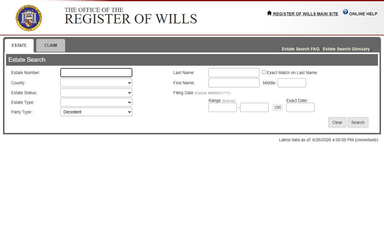 Somerset County court dockets estate search form fields