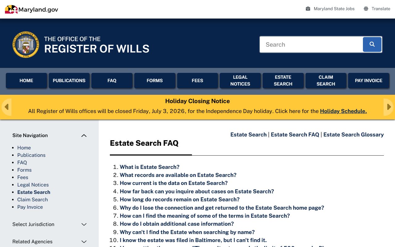 Somerset County probate court dockets estate search FAQ fields