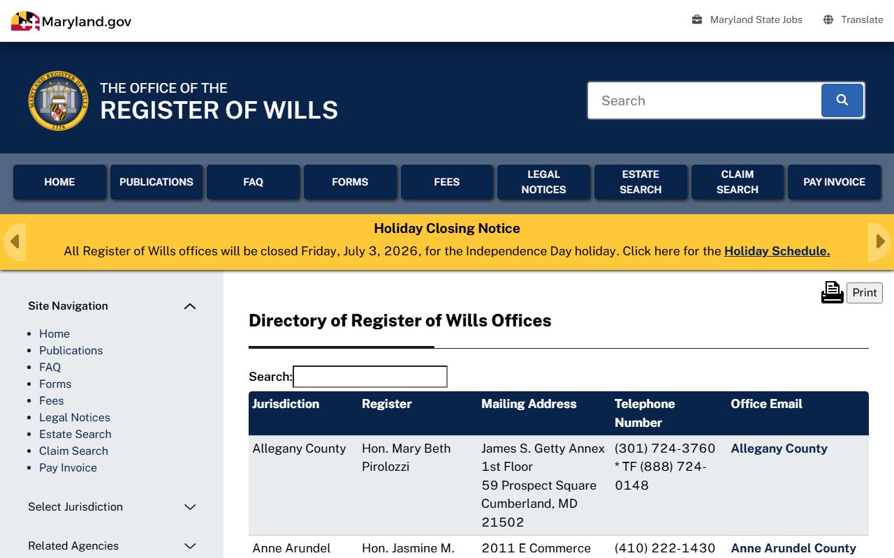 Somerset County probate records Register of Wills directory