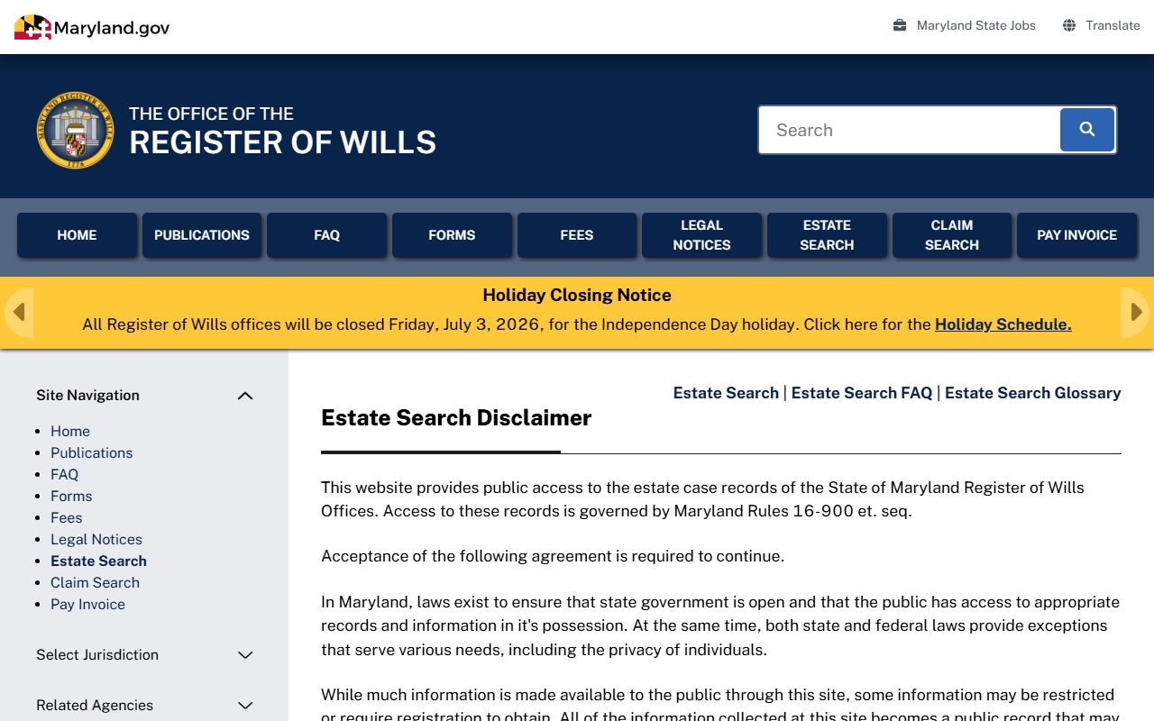 Somerset County probate records Register of Wills Estate Search information