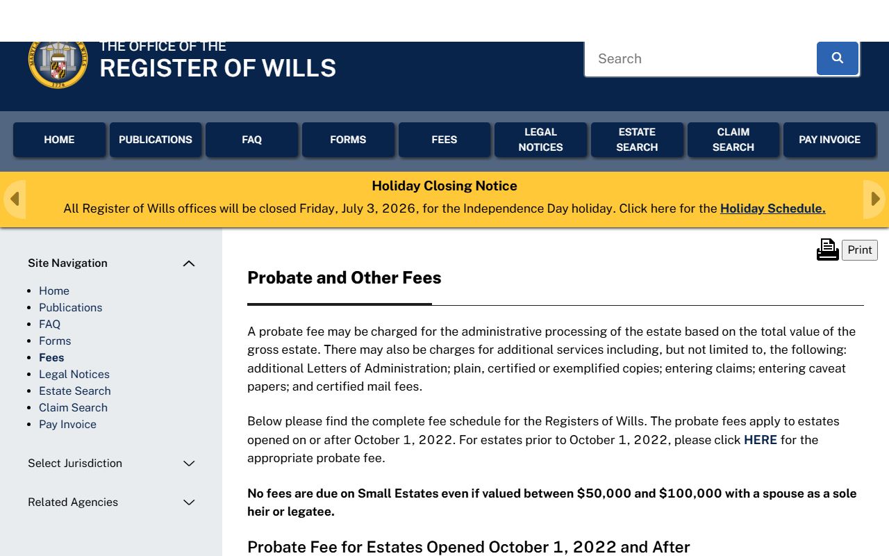 Somerset County probate records Register of Wills probate fee schedule