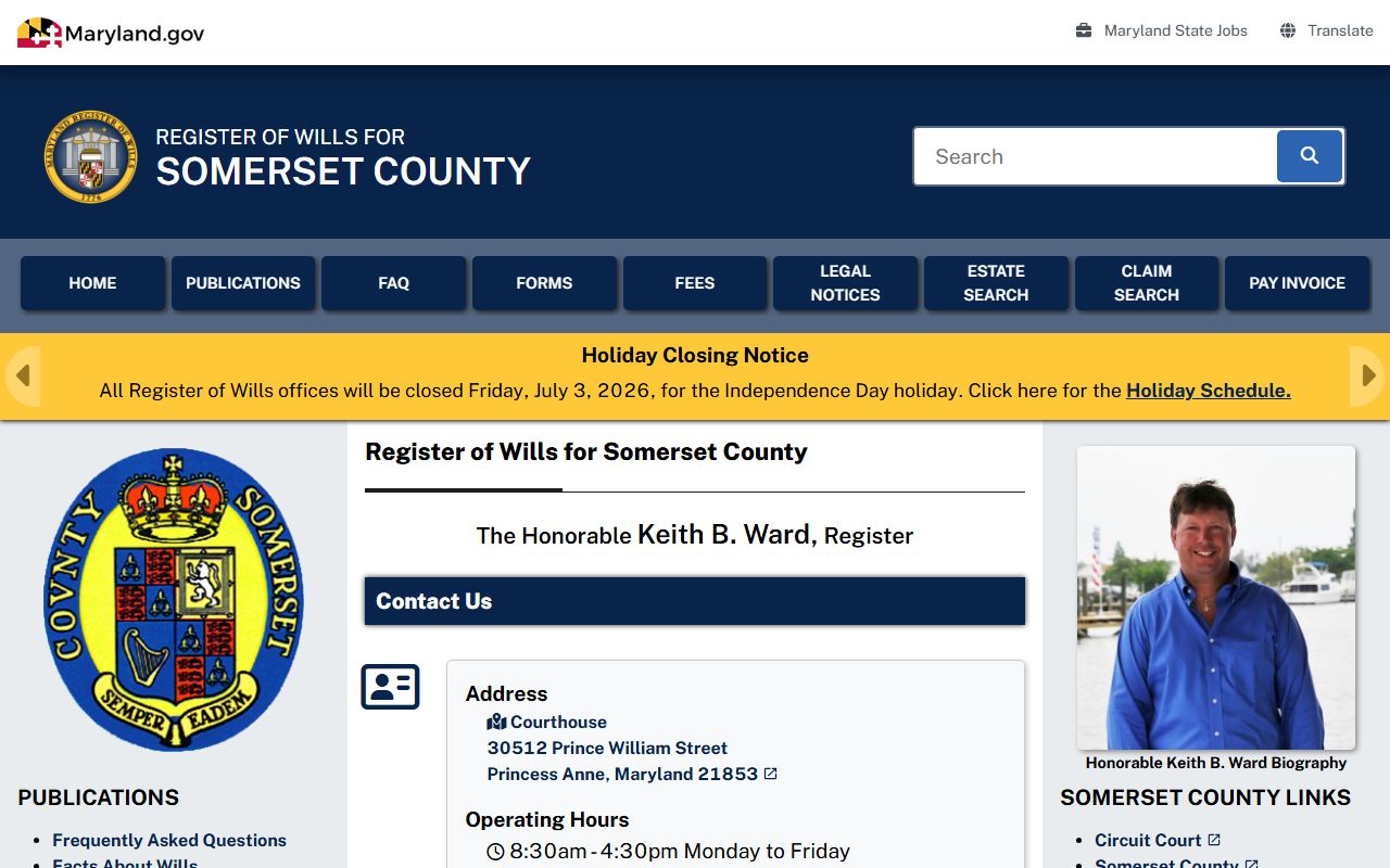 Somerset County probate records Register of Wills page
