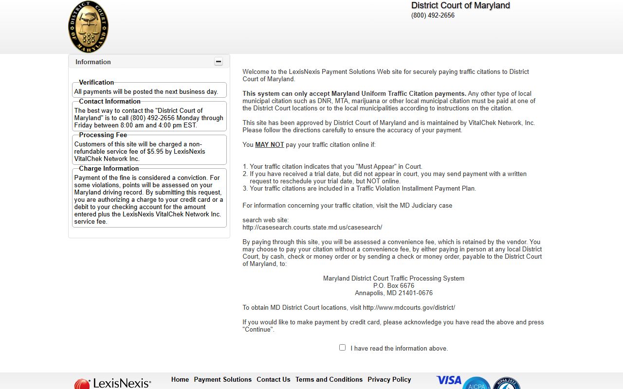 Somerset County traffic court records Maryland District Court online payment vendor