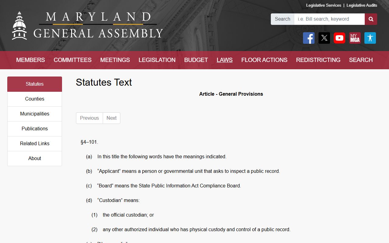 Somerset County warrant records Maryland Public Information Act definitions